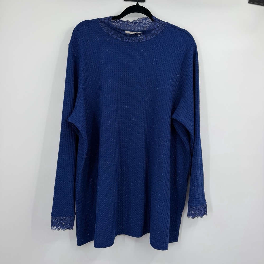 LOGO  Lori Goldstein Tunic Blouse Womens 2X Blue Lace Waffle Knit Stretch